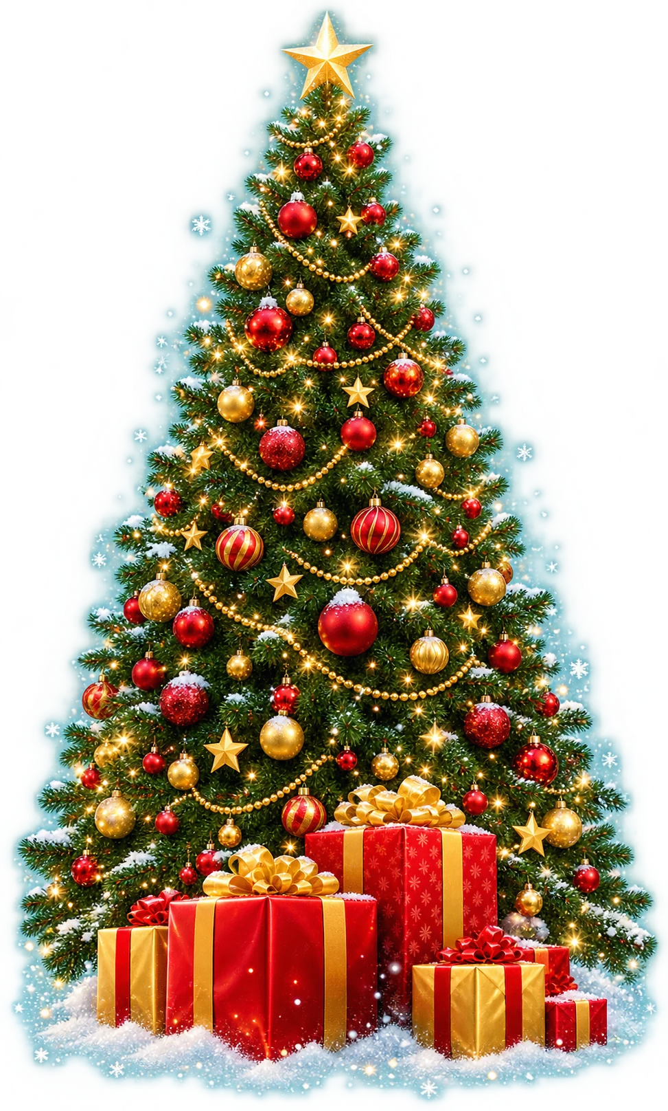 Decorated Christmas tree with a gold star, red and gold ornaments, garland, and wrapped gifts in the snow